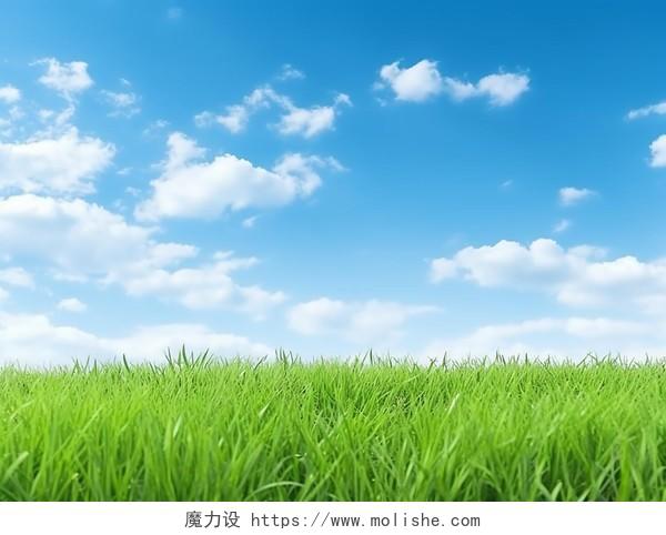 蓝天白云背景下的绿色草地春天清新风景美丽的大自然青草植物